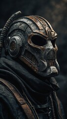 Figure stands out, adorned in dark, textured costume, crowned with metallic helmet that mirrors human skull. Helmets intricate designs, weathered effects add to its realism. Background, blurred.