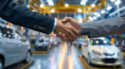 Businessmen shake hands in an automotive factory, successful partnership and collaboration in the manufacturing industry