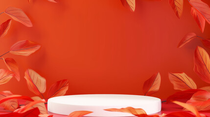 Obraz premium Autumn-Themed Display with Falling Orange Leaves and Empty White Podium