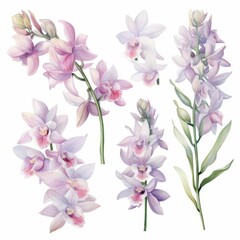 Set of water color of a Dendrobium orchid, with clusters of delicate blooms, in a greenhouse, Clipart isolated on white
