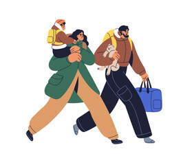 Refugee family with kid and cat departing, leaving. Sad people during departure, evacuation, forced relocation. Emigrant with child escaping. Flat vector illustration isolated on white background