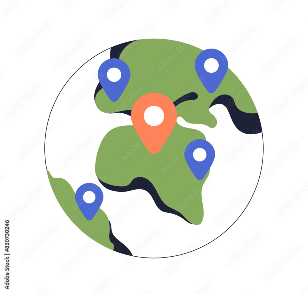 Poster Globe with pin points. Location pointers on Earth planet. Global orb marked with destination markers, places. Navigation, GPS positioning concept. Flat vector illustration isolated on white background