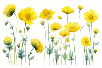 Fototapeta premium Set of water color of a buttercup, with bright yellow petals, in a sunny field, under a clear blue sky, Clipart isolated on white
