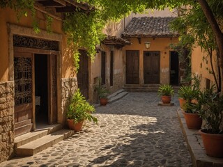 Cobblestone street meanders through tranquil, sunlit scene, flanked by rustic buildings with wooden doors, wrought-iron details. Potted plants add greenery to warm.