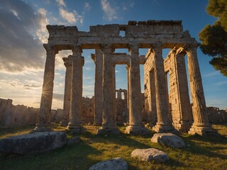 Fototapeta premium Ruins of ancient temple during what sunrise, sunset. Sun casts warm glow on stone columns. Sky partly cloudy, allowing sunlight to permeate, create dramatic backdrop. Foreground shows scattered rocks.