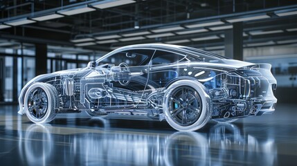 Obraz premium Side view illustration of a transparent car body design, highlighting the intricate internal structure and technology, 3D render