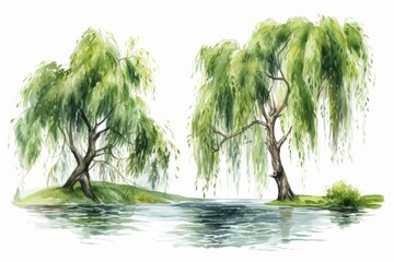 Set of water color of a willow tree, with long, sweeping branches, beside a tranquil pond, Clipart isolated on white