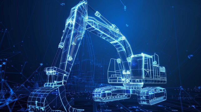 Robust wireframe outline of an excavator truck, with detailed lines against a vibrant blue background (selective focus) theme, mechanical strength dynamic Composite industrial park
