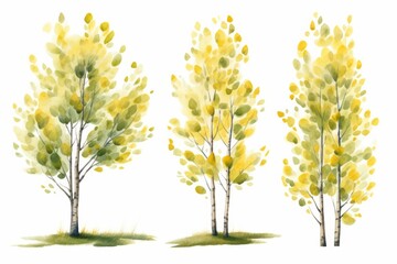 Naklejka premium Set of water color of an aspen tree, with quaking leaves, in a sunlit meadow, Clipart isolated on white