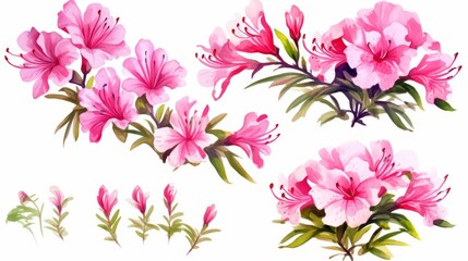 Set of water color of an azalea, with bright pink flowers, blooming in a tranquil zen garden, Clipart isolated on white