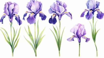 Set of water color of an iris, with vibrant purple petals, standing tall in a moonlit garden, Clipart isolated on white