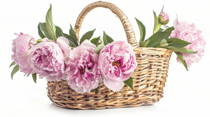 Beautiful Pink Peonies in Wicker Basket on White Background