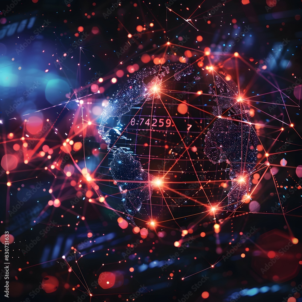 Poster abstract global network concept with world map and glowing connections, symbolizing connectivity acr