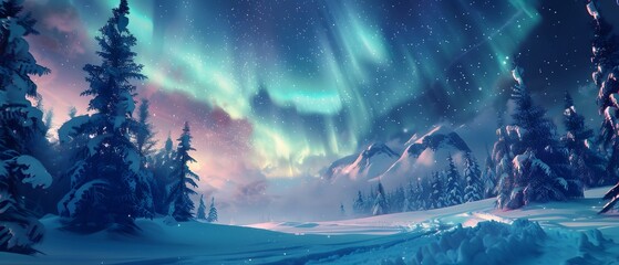 Northern lights illuminating a snowy landscape with pine trees