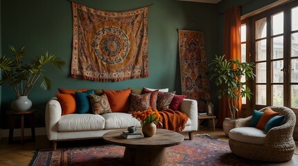 A vibrant tapestry, alive with colors and motifs, hanging as a focal point in a bohemian-inspired living room ai_generated
