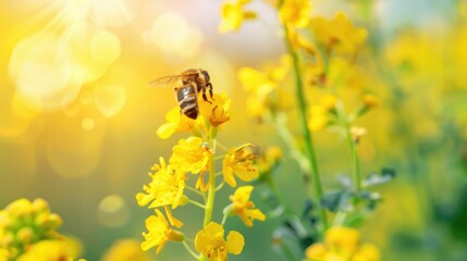 Obraz premium Flying honey bee collecting pollen at yellow flower.Bee flying over the yellow flower AI generated