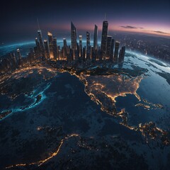"A sleek, futuristic world map with a background of a cityscape at twilight."