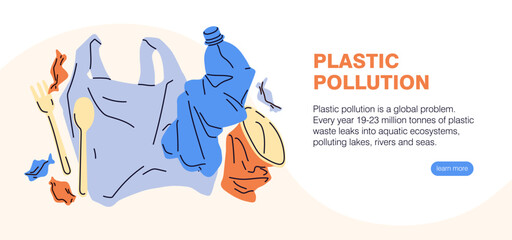 Plastic waste, garbage, web-site banner. Website, online page design with trash packages, disposable wrapping. Eco template, internet webpage with crumpled recyclable rubbish. Flat vector illustration