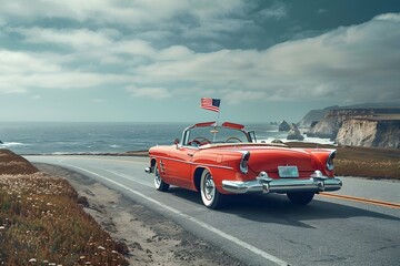 A vintage red convertible driving down a scenic coastal highway, American flag waving in the wind, evoking a sense of freedom and summer adventure