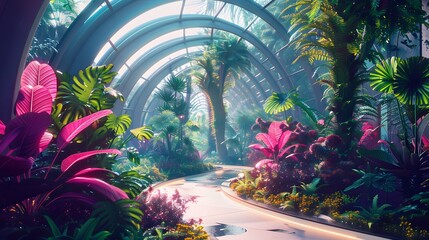 A futuristic greenhouse with exotic, neoncolored plants