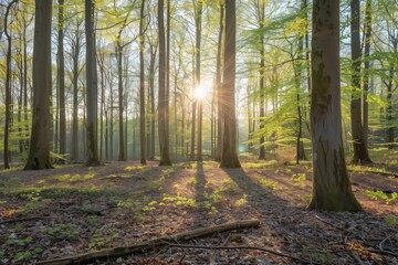 Obraz premium Tranquil Spring Forest with Sun Rays