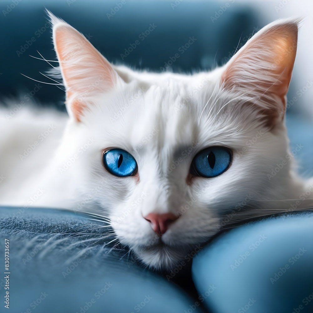 Poster a cat with blue eyes on a blue couch looks at the camera