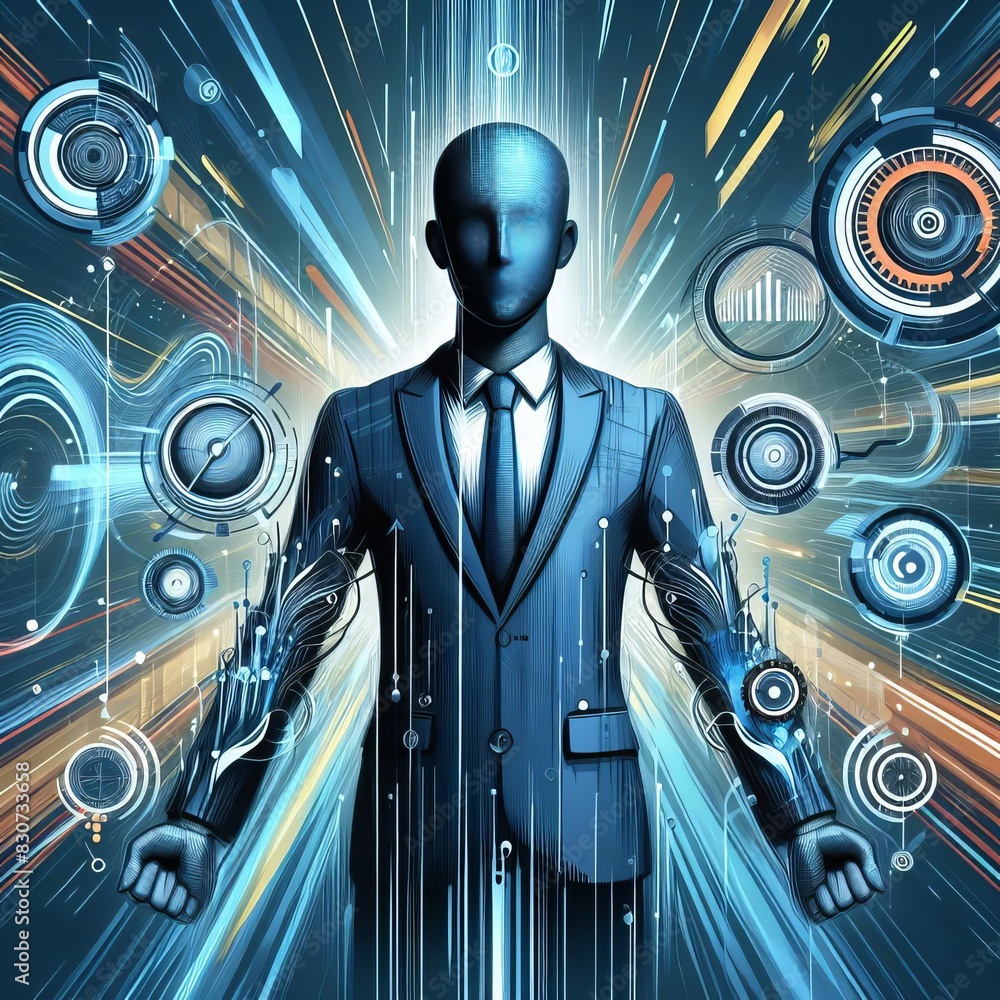 Poster a faceless businessman with digital circuits and interfaces emitting from his body in a highly techn