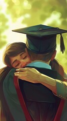 Kawaii Art of A graduate in a cap and gown embracing their mentor or favorite teacher