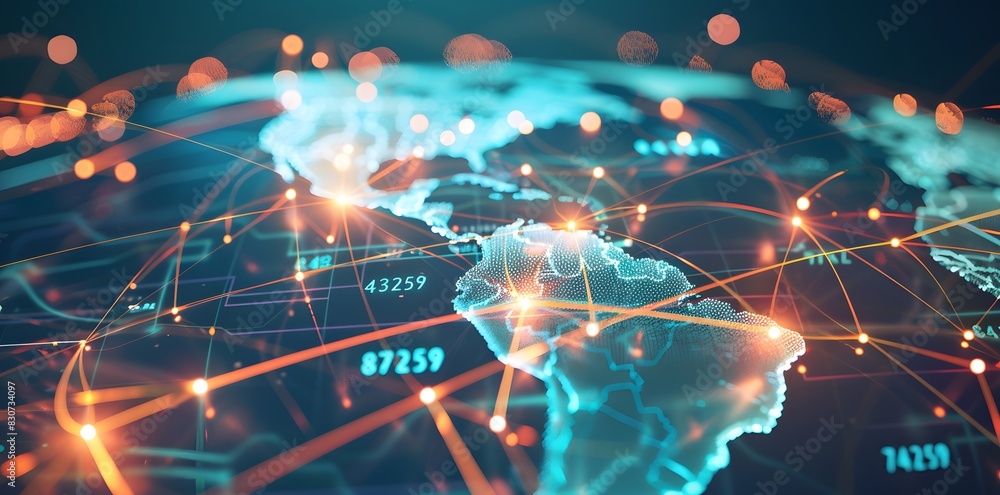 Poster abstract global network concept with world map and glowing connections, symbolizing connectivity acr