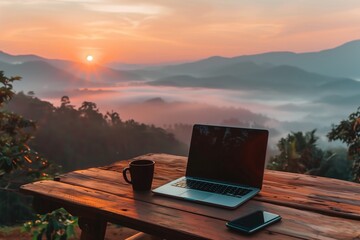 Freelance Business: Laptop and Mobile on Wood Table at Sunrise