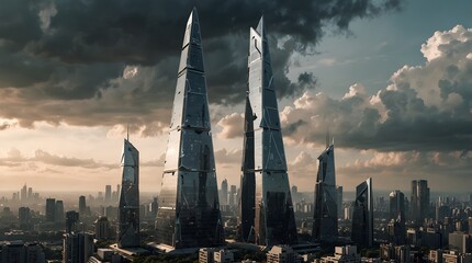 A futuristic cityscape dominated by towering skyscrapers with sleek triangular architecture ai_generated