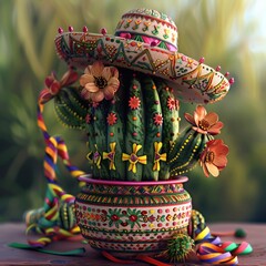Colorful Cactus-Themed Decoration with a Sombrero Top and Floral Border