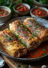 Kohlrouladen - Cabbage rolls stuffed with ground meat and rice, served with tomato sauce.