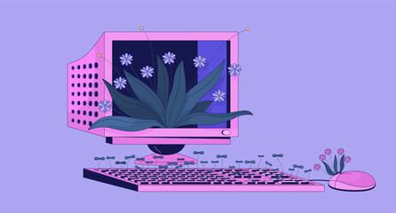 Old computer with growing plants lofi wallpaper. Vintage electronic device 2D cartoon flat illustration. Retro pc station and fresh flora chill vector art, lo fi aesthetic colorful background