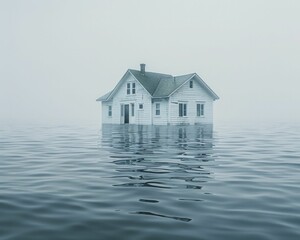 House half-submerged in a flood, minimal style, clean and simple background, emphasizing vulnerability, conveying housing market instability.