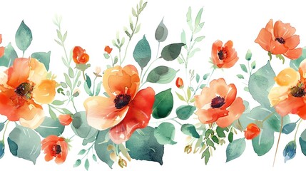 Watercolor floral border with orange and red poppy flowers and green leaves.