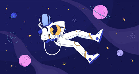 Astronaut in outer space lofi wallpaper. Explorer in protective suit among celestial bodies 2D cartoon flat illustration. Cosmos depth discovering chill vector art, lo fi aesthetic colorful background © IMG visuals characte
