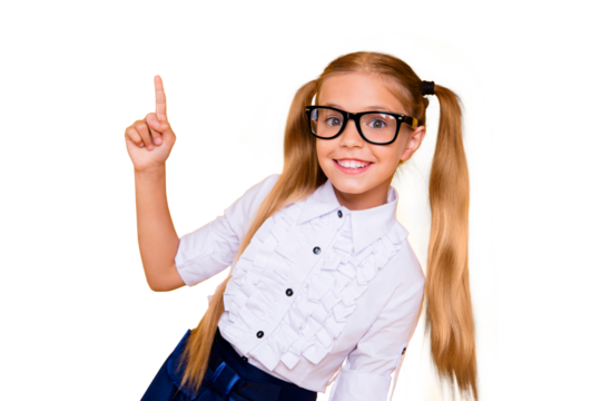 Back to school! First grade junior lifestyle teen concept. Close up studio photo portrait of cute girl gesturing up wearing trendy blouse white outfit isolated bright shine background