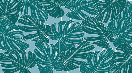 Vector green tropical background with monstera leaves for decor, covers, backdrops, wallpapers