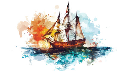 With a pirate sail boat high quality watercolored