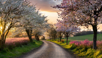 Landscape of dirt road with cherry blossom trees against the sky in spring at sunset