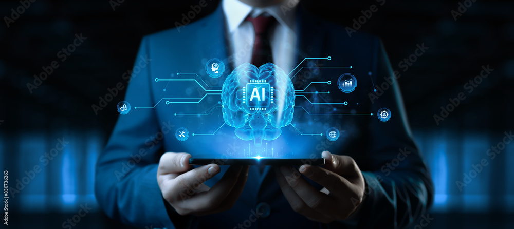Poster ai - artificial intelligence and machine learning. businessman hold smartphone with icons and hologr