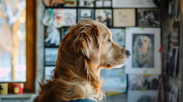 Golden retriever sideways facing with a vision board, image board on the background. creative concept
