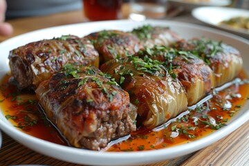 Kohlrouladen - Cabbage rolls stuffed with ground meat and rice, served with tomato sauce.