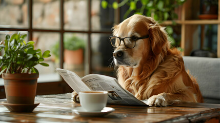 Golden retriever dog wearing glasses, reading a newspaper at the breakfast table. creative concept