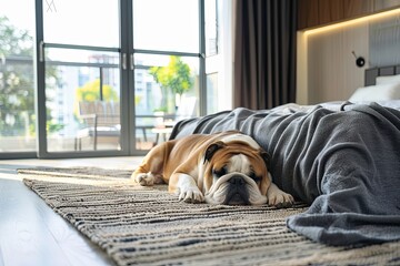 Bulldog Sleeping on Rug in Modern Bedroom: A bulldog peacefully sleeping on a cozy rug in a stylish bedroom