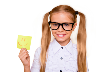 So cute sweet pretty! Close up portrait of adorable schoolkid holding drawing small smiling face in hand looking at camera isolated bright vivid background wearing classic collar white formal wear
