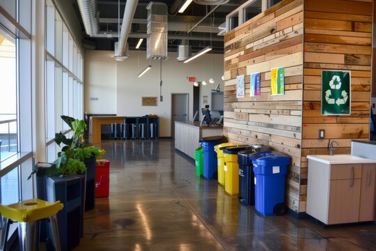 A corporate office with recycling bins and composting stations