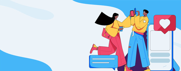 Virtual characters social communication concept business flat vector hand drawn illustration
