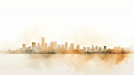 Obraz premium Watercolor panorama of a city in pastel color, white background. Silhouette of buildings watercolor
